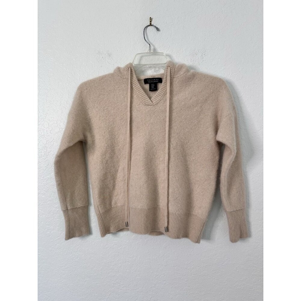 Tahari Womens 100% 2-PLY Cashmere Soft Crop Hoodie Sweater Oatmeal Size M - Picture 1 of 3